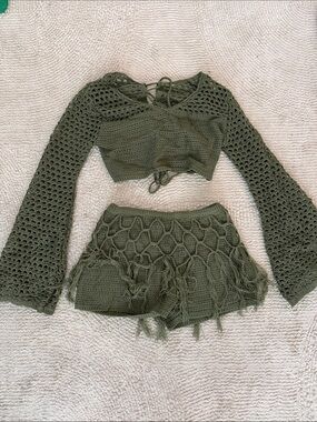 SHEIN Olive Green Crochet Bell-Sleeve Crop Top
